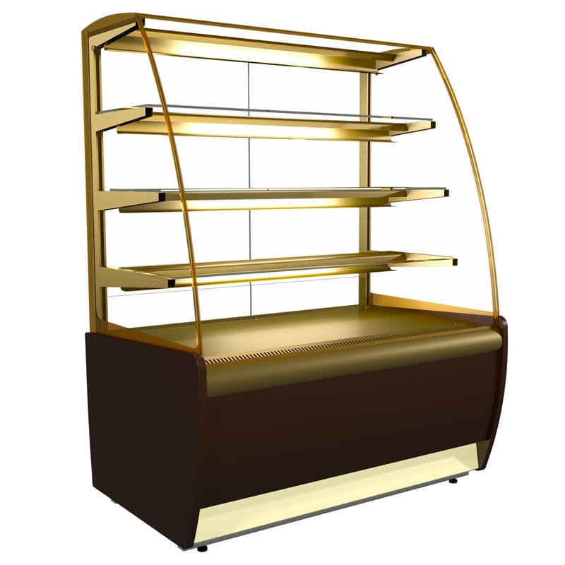 Витрина кондитерская Полюс Carboma 1.3D в аренду, температура от +6 +12 градусов, ширина 1320 мм, цвет золотистый